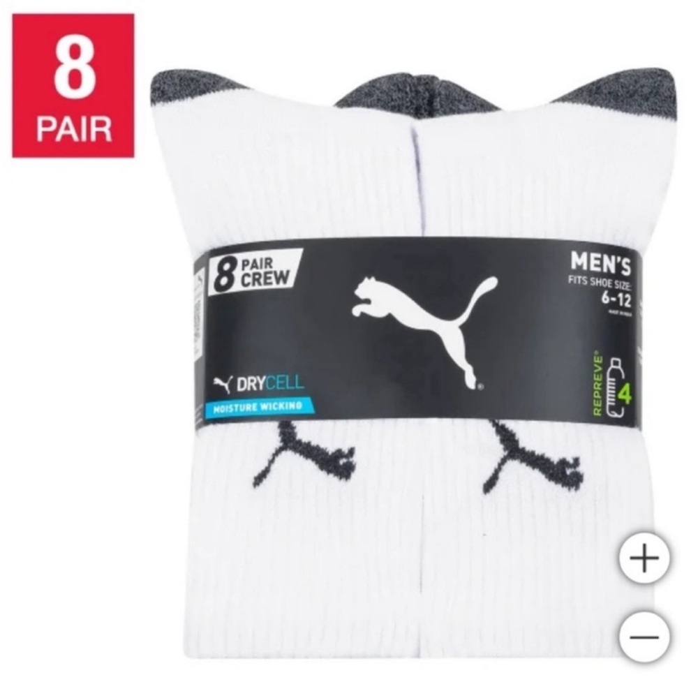 NWT PUMA Men Crew Sock, 8-pair WHITE casual cozy comfy activewear outdoor